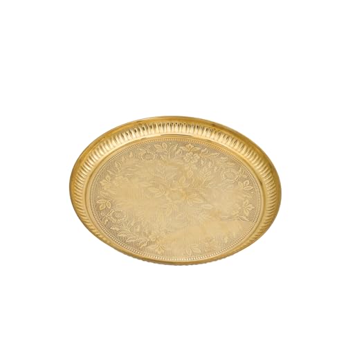 Bhimonee Decor Designer Brass Puja Thali | Premium Gold Polish Pooja Thali with Floral Engraving | Traditional Mandir Accessory for Aarti, Rituals & Festivals