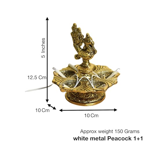 Bhimonee Decor Peacock Diya | LED Bulb Light Electric Deepak | 5 Inches | 150g | Perfect for Pooja, Home Temple Decor | Energy-Efficient, Traditional Design with Warm Glow