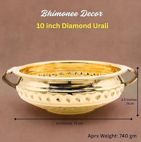 Bhimonee Decor Diamond Carving Urali Bowl 10" | 740 gm Decorative Brass Bowl & Platter | Home Decor, Pooja & Gifting | Brass | Gold