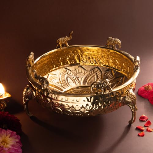 Bhimonee Decor Elephant Carving Urali Bowl 10" | 1180 gm Decorative Brass Bowl & Platter | Home Decor, Pooja & Gifting | Brass | Gold