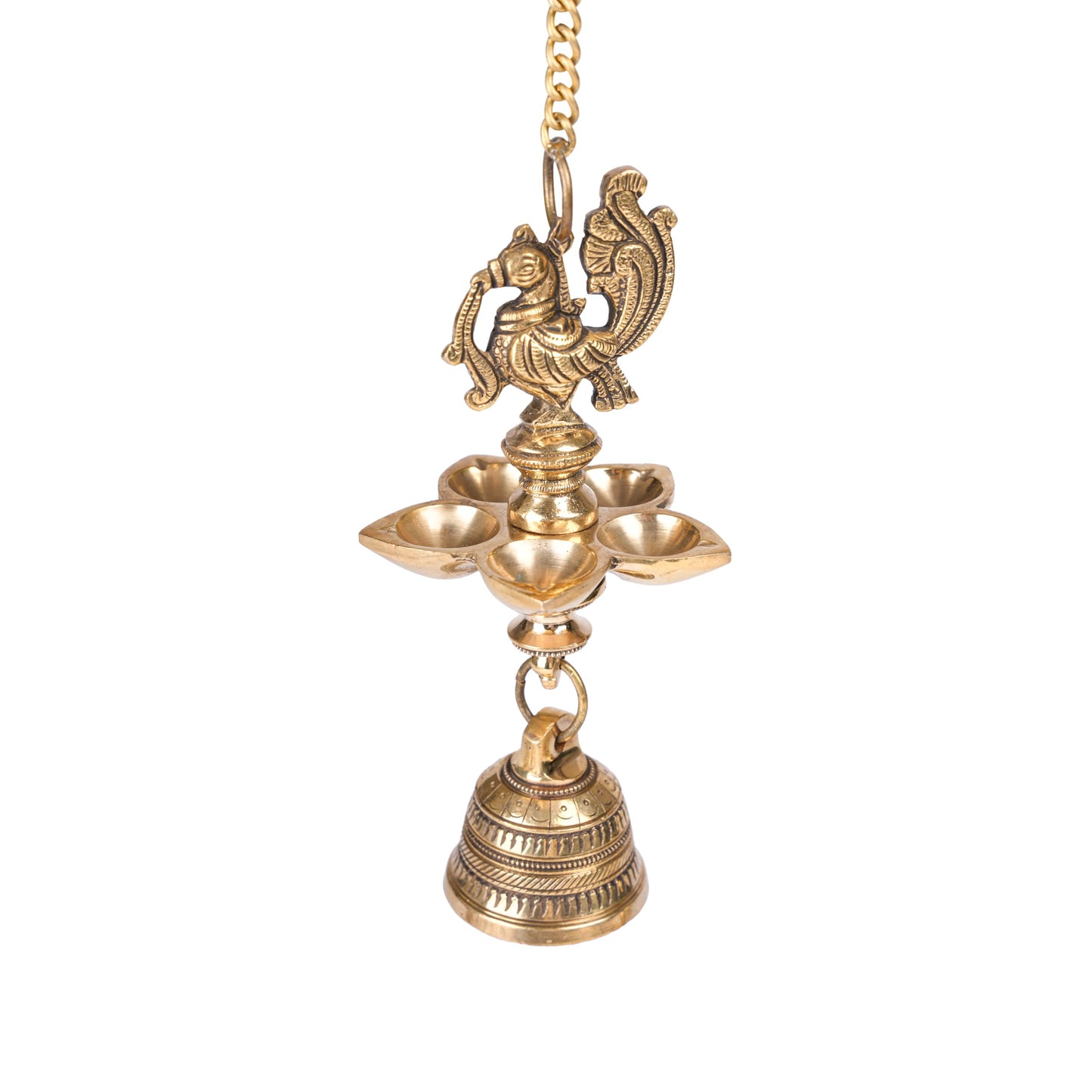 Bhimonee Decor | Handcrafted Brass Peacock Hanging Diya with Bell | 5-Wick Traditional Oil Lamp | Antique Finish | Ethnic Temple & Pooja Decor | Festive Hanging Deepak for Home,| Pack of 1