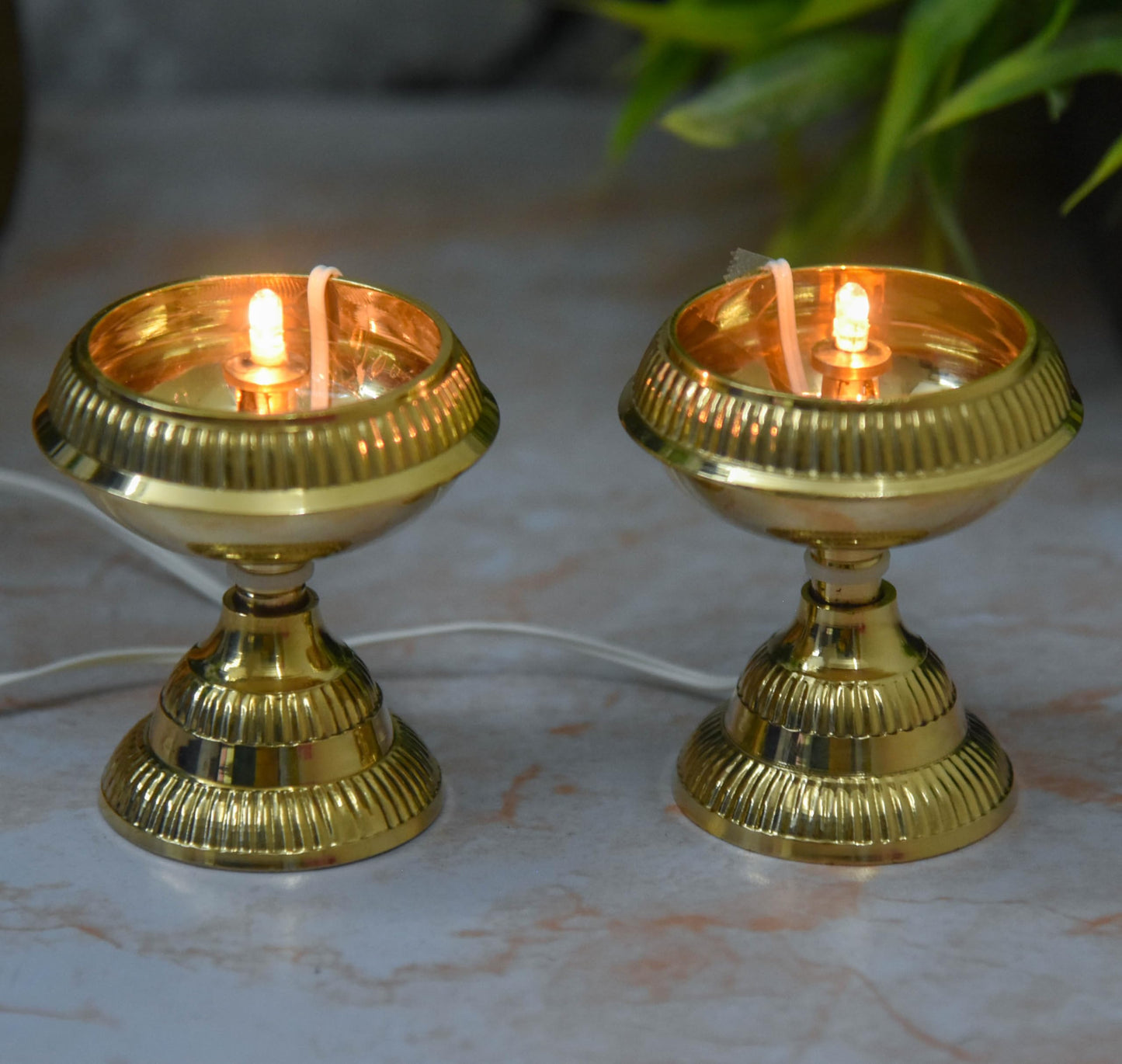 Bhimonee Decor Pure Brass LED Bulb Light Electric Kuber Nanda Diya | Traditional Deepak for Pooja & Home Temple | Decorative Aarti Lamp | 2.5 Inches, 200gm