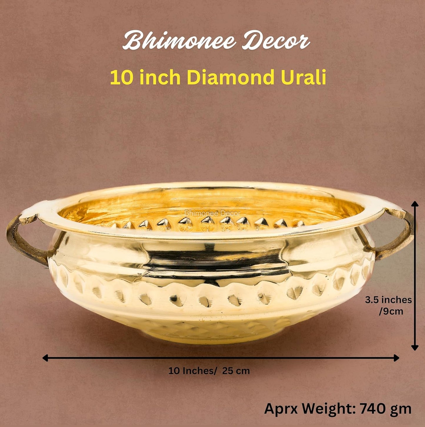 Bhimonee Decor Diamond Carving Urali Bowl 10" | 740 gm Decorative Brass Bowl & Platter | Home Decor, Pooja & Gifting | Brass | Gold