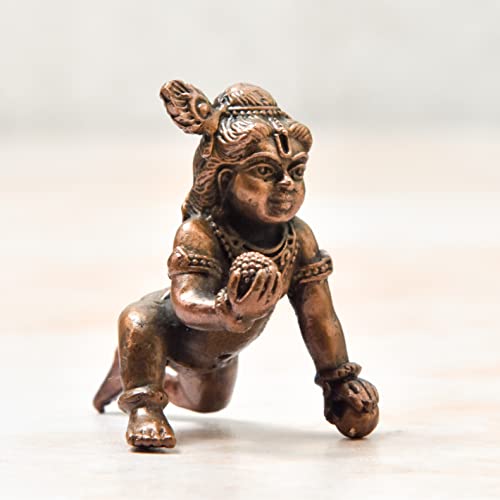 Copper Idols India - By Bhimonee Decor , 1.75 inches, Handmade Copper Bal Krishna Idol, 50 Grams , Patina Antique Finish , Pack of 1 Piece