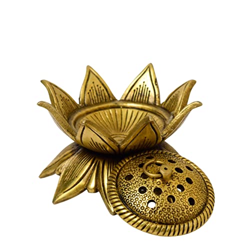 Bhimonee Decor Lotus Design Brass Agarbatti/Dhoop Holder, Home Décor, Gift & Puja, 750 gm, 2.3 inches, Brass Black Antique Finish, 1 Piece