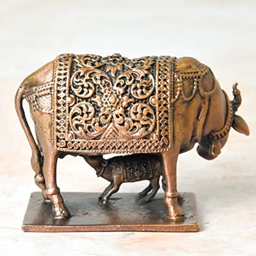 Copper Idols India - By Bhimonee Decor , 2 inches, Handmade Copper Cow and Calf | Kamadenu | Hasu Karu Idol, 360 Grams , Patina Antique Finish , Pack of 1 Piece