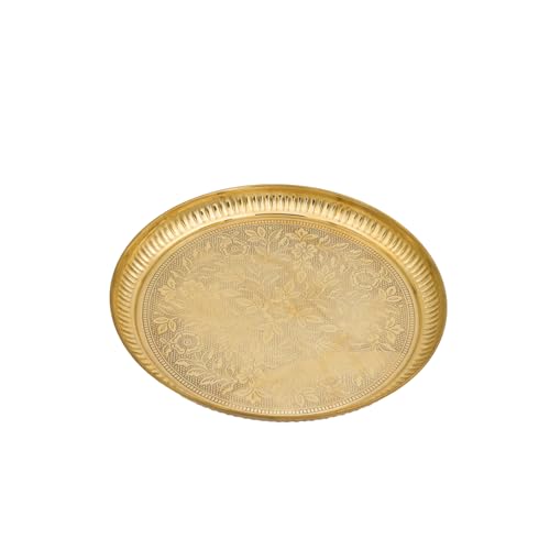 Bhimonee Decor Engraved Brass Puja Thali Set | 8 Pcs Traditional Pooja Plate with Floral Design, Kalash, Diya, Bell, Spoon & Bowls | Premium Mandir Essentials for Festivals