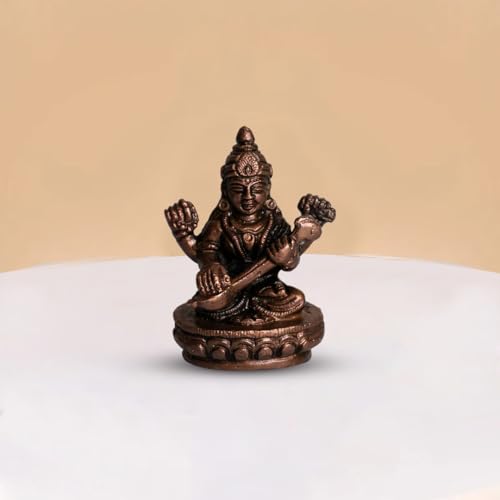 Copper Idols India Saraswati Idol 190gm | Pure Copper Goddess of Wisdom | JW Style Handmade Idol for Puja | Vastu Decor | Knowledge Energy | Indian Handicraft | Spiritual Gift | Temple Decor
