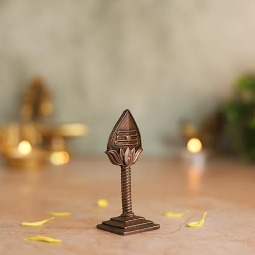 Bhimonee Decor Lord Murugan Vel Idol | Antique Brass Finish Sacred Spear Murti on Stand | Kartikeya Vel for Puja Mandir, Home & Office Decor | Auspicious Gift Item