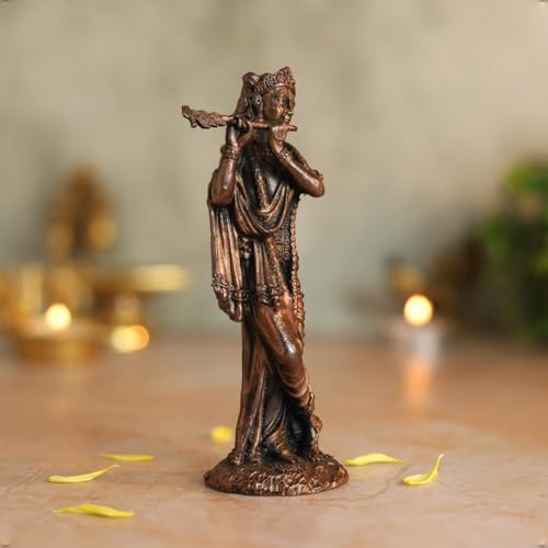 Copper Idols Lord Krishna Statue | Brass Finish Murti of Krishna Playing Flute | Kanha Idol for Puja Mandir, Home & Office Decor | Spiritual Gift for Janmashtami & Festivals