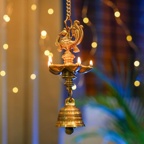 Bhimonee Decor | Handcrafted Brass Peacock Hanging Diya with Bell | 5-Wick Traditional Oil Lamp | Antique Finish | Ethnic Temple & Pooja Decor | Festive Hanging Deepak for Home,| Pack of 1