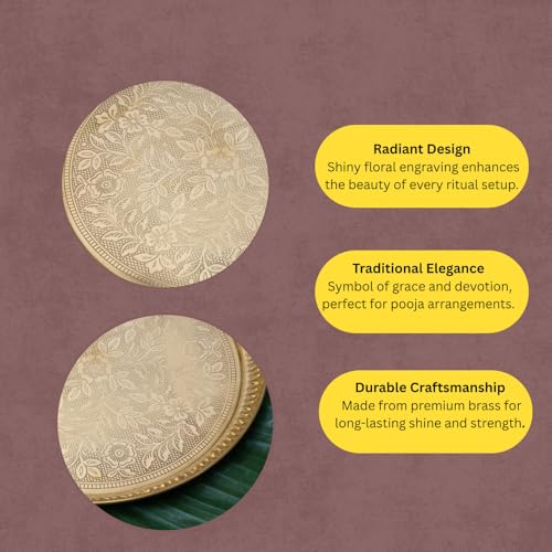 Bhimonee Decor Designer Brass Puja Thali | Premium Gold Polish Pooja Thali with Floral Engraving | Traditional Mandir Accessory for Aarti, Rituals & Festivals