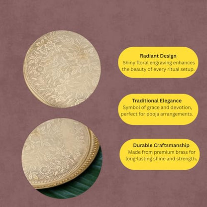 Bhimonee Decor Designer Brass Puja Thali | Premium Gold Polish Pooja Thali with Floral Engraving | Traditional Mandir Accessory for Aarti, Rituals & Festivals