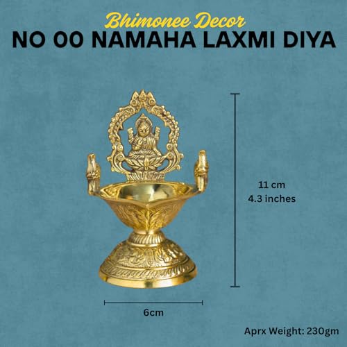 Bhimonee Decor Brass Lakshmi Deepam | Traditional Gold Polish Oil Lamp with Goddess Lakshmi Design | Diya for Mandir, Aarti, Home Décor & Festival Pooja