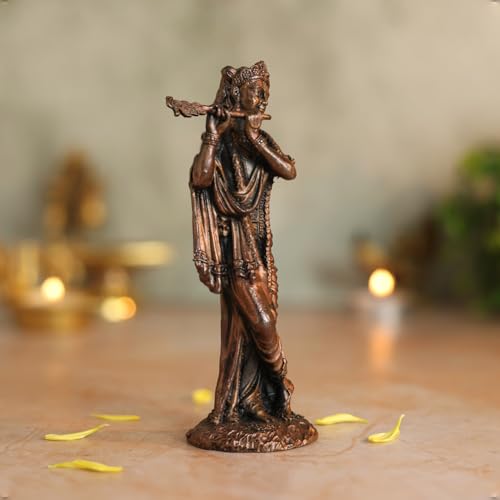 Bhimonee Decor Lord Krishna Statue | Brass Finish Murti of Krishna Playing Flute | Kanha Idol for Puja Mandir, Home & Office Decor | Spiritual Gift for Janmashtami & Festivals