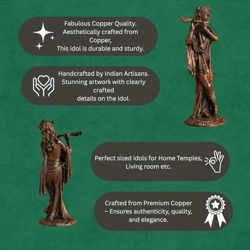 Copper Idols Lord Krishna Statue | Brass Finish Murti of Krishna Playing Flute | Kanha Idol for Puja Mandir, Home & Office Decor | Spiritual Gift for Janmashtami & Festivals