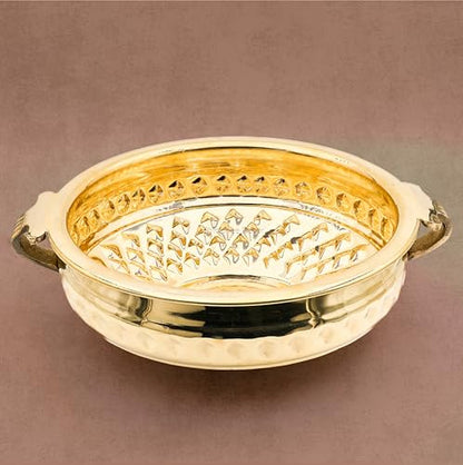 Bhimonee Decor Diamond Carving Urali Bowl 10" | 740 gm Decorative Brass Bowl & Platter | Home Decor, Pooja & Gifting | Brass | Gold