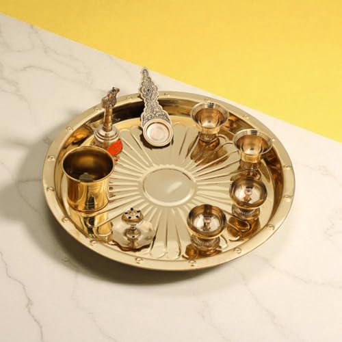 Bhimonee Decor Brass Puja Thali Set | 8 Pcs Gold Polish Pooja Plate with Kalash, Diya, Bell, Spoon & Bowls | Traditional Mandir Essentials for Home & Festivals