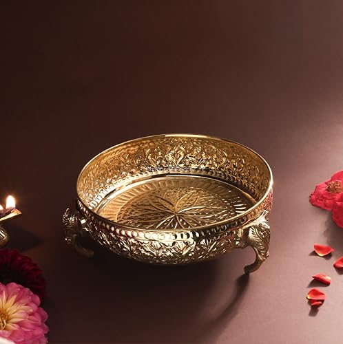 Bhimonee Decor Carving Elephant Plate 8" | 620 gm Decorative Brass Plate & Bowl | Home Decor, Pooja & Gifting | Brass | Gold