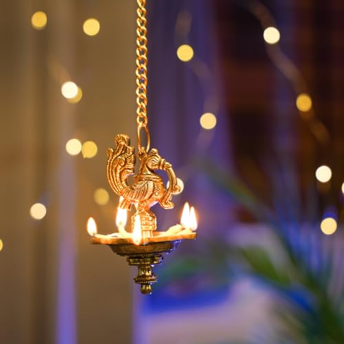 Bhimonee Decor | Handmade Brass Hanging Diya with Ethnic Peacock Design | 5 Oil Wick Traditional Lamp | Antique Finish | Pooja & Festival Home Decor | Temple & Balcony Hanging Decor
