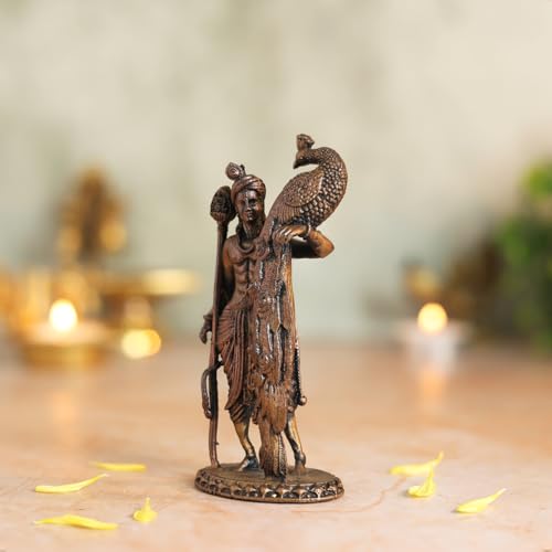 Bhimonee Decor Lord Kartikeya Idol | Antique Brass Finish Murugan Statue with Peacock | Skanda Swamy Murti for Puja Mandir, Home & Office Decor | Spiritual Gift Item