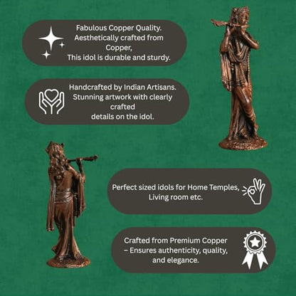 Bhimonee Decor Lord Krishna Statue | Brass Finish Murti of Krishna Playing Flute | Kanha Idol for Puja Mandir, Home & Office Decor | Spiritual Gift for Janmashtami & Festivals