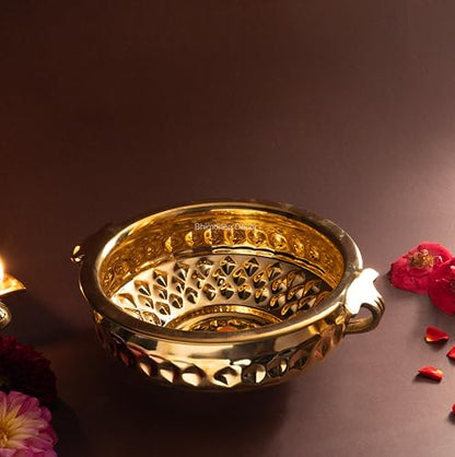 Bhimonee Decor Diamond Carving Urali Bowl 8" | 470 gm Decorative Brass Bowl & Platter | Home Decor, Pooja & Gifting | Brass | Gold