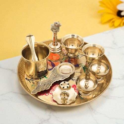 Bhimonee Decor Multicolor Enamel Brass Puja Thali Set | 8 Pcs Pooja Plate with Diya, Bell, Kalash, Bowls & Spoon | Decorative Mandir Essentials for Festivals & Rituals