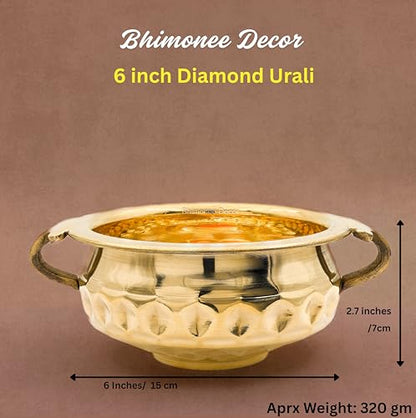 Bhimonee Decor Diamond Carving Urali Thali 6" | 320 gm Decorative Brass Bowl & Platter | Home Decor, Pooja & Gifting | Brass | Gold