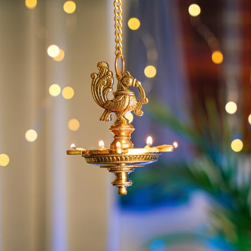 Bhimonee Decor | Handcrafted Brass Peacock Hanging Diya | 5-Wick Traditional Oil Lamp | Antique Finish | Ethnic Pooja & Temple Decor | Festival & Home Hanging Deepak | Pack of 1