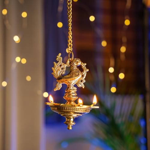 Bhimonee Decor Handmade Brass Hanging Diya – Ethnic Peacock Design with 5 Oil Wicks for Pooja & Home Décor (Medium, Pack of 1)