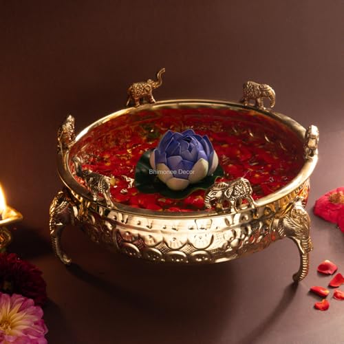Bhimonee Decor Elephant Carving Urali Bowl 10" | 1180 gm Decorative Brass Bowl & Platter | Home Decor, Pooja & Gifting | Brass | Gold