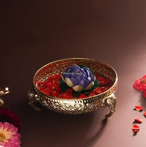 Bhimonee Decor Carving Elephant Plate 8" | 620 gm Decorative Brass Plate & Bowl | Home Decor, Pooja & Gifting | Brass | Gold