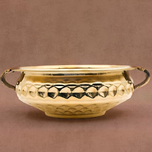 Bhimonee Decor Diamond Carving Urali Bowl 8" | 470 gm Decorative Brass Bowl & Platter | Home Decor, Pooja & Gifting | Brass | Gold