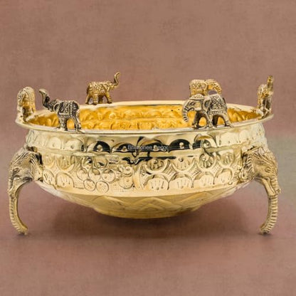 Bhimonee Decor Elephant Carving Urali Bowl 10" | 1180 gm Decorative Brass Bowl & Platter | Home Decor, Pooja & Gifting | Brass | Gold
