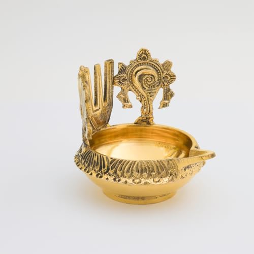 Bhimonee Decor Brass Pooja Diya with Shankh Chakra & Namam | Traditional Oil Lamp for Mandir, Temple & Festivals | Handcrafted Golden Finish