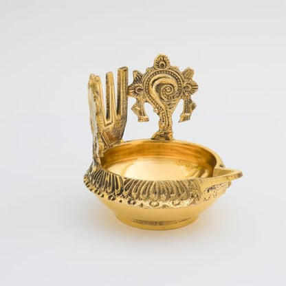 Bhimonee Decor Brass Pooja Diya with Shankh Chakra & Namam | Traditional Oil Lamp for Mandir, Temple & Festivals | Handcrafted Golden Finish