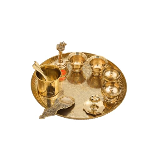 Bhimonee Decor Engraved Brass Puja Thali Set | 8 Pcs Traditional Pooja Plate with Floral Design, Kalash, Diya, Bell, Spoon & Bowls | Premium Mandir Essentials for Festivals