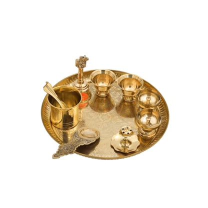 Bhimonee Decor Engraved Brass Puja Thali Set | 8 Pcs Traditional Pooja Plate with Floral Design, Kalash, Diya, Bell, Spoon & Bowls | Premium Mandir Essentials for Festivals