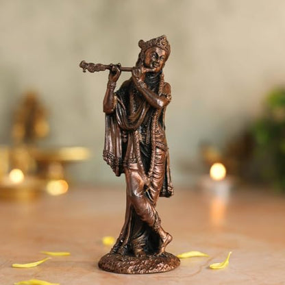 Copper Idols Lord Krishna Statue | Brass Finish Murti of Krishna Playing Flute | Kanha Idol for Puja Mandir, Home & Office Decor | Spiritual Gift for Janmashtami & Festivals