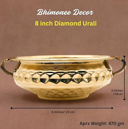 Bhimonee Decor Diamond Carving Urali Bowl 8" | 470 gm Decorative Brass Bowl & Platter | Home Decor, Pooja & Gifting | Brass | Gold