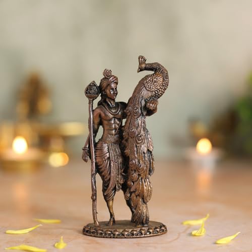 Bhimonee Decor Lord Kartikeya Idol | Antique Brass Finish Murugan Statue with Peacock | Skanda Swamy Murti for Puja Mandir, Home & Office Decor | Spiritual Gift Item