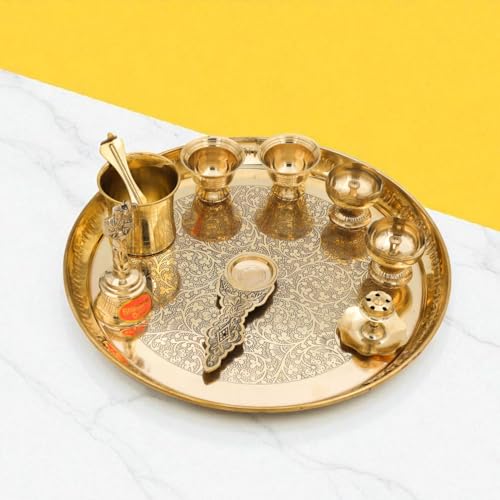 Engraved Brass Puja Thali Set | 8 Pcs Designer Plate with Floral Carvings, Diya, Kalash, Bell, Bowls & Spoon
