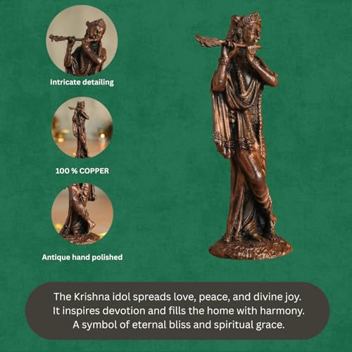 Bhimonee Decor Lord Krishna Statue | Brass Finish Murti of Krishna Playing Flute | Kanha Idol for Puja Mandir, Home & Office Decor | Spiritual Gift for Janmashtami & Festivals