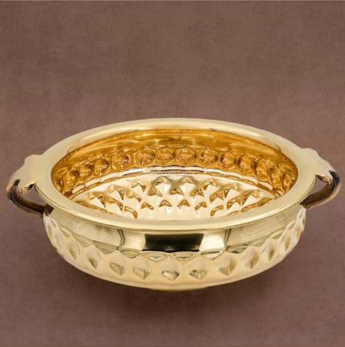 Bhimonee Decor Diamond Carving Urali Bowl 8" | 470 gm Decorative Brass Bowl & Platter | Home Decor, Pooja & Gifting | Brass | Gold