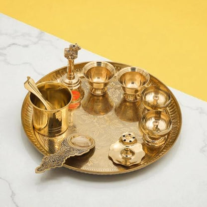 Bhimonee Decor Engraved Brass Puja Thali Set | 8 Pcs Traditional Pooja Plate with Floral Design, Kalash, Diya, Bell, Spoon & Bowls | Premium Mandir Essentials for Festivals