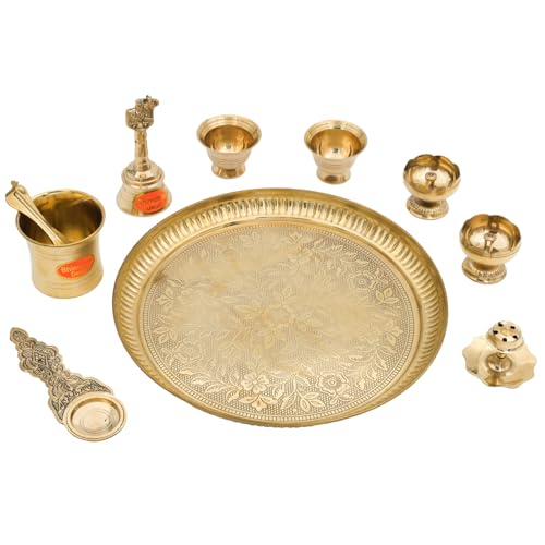 Bhimonee Decor Engraved Brass Puja Thali Set | 8 Pcs Traditional Pooja Plate with Floral Design, Kalash, Diya, Bell, Spoon & Bowls | Premium Mandir Essentials for Festivals