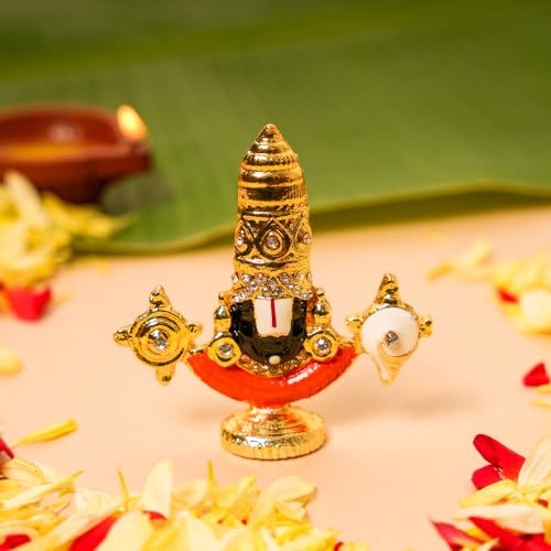 Bhimonee Decor  | Divine Gold-Plated Tirupati Balaji Stone Idol | 2.5 Inches Venkateswara Bhagwan Murthi | Spiritual Car Dashboard Showpiece | Home Temple & Office Desk Decor |