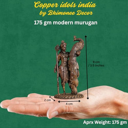 Bhimonee Decor Lord Kartikeya Idol | Antique Brass Finish Murugan Statue with Peacock | Skanda Swamy Murti for Puja Mandir, Home & Office Decor | Spiritual Gift Item