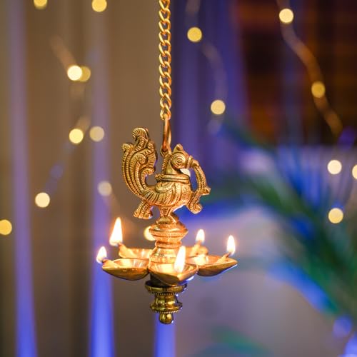 Bhimonee Decor | Handmade Ethnic Small Peacock Design 5 Oil Wick Brass Hanging Diya | Brass Diyas for Decoration | Medium Size | Pack of 1 | Hanging Decorative Items